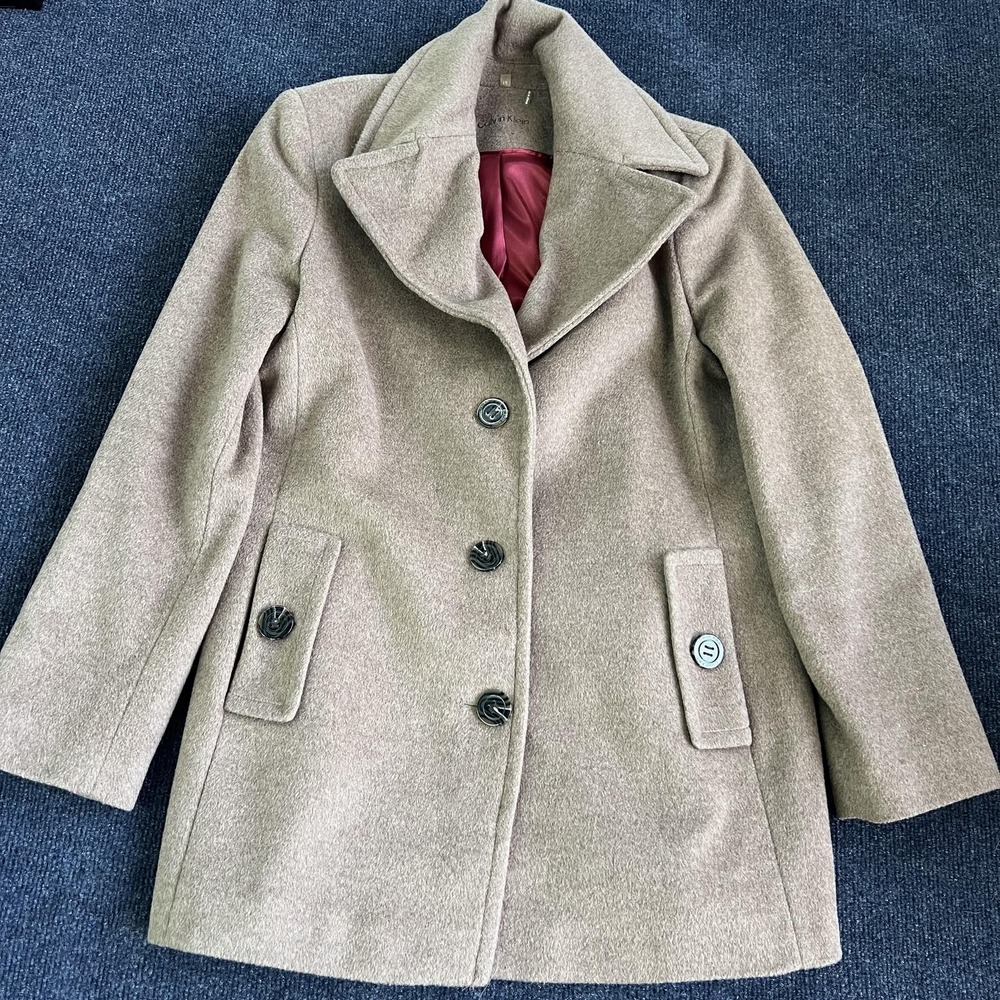 Calvin Klein Coat Womens 10 Beige Wool Single Breasted Lined Mid Length CW387007
